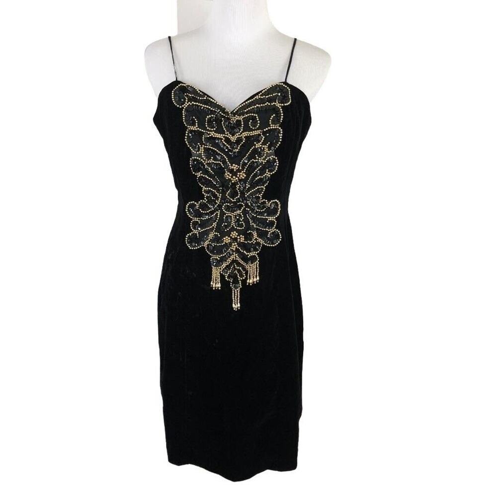Black Velvet Evening Sheath Dress Above Knee Length Sleeveless Embellished Sz 9